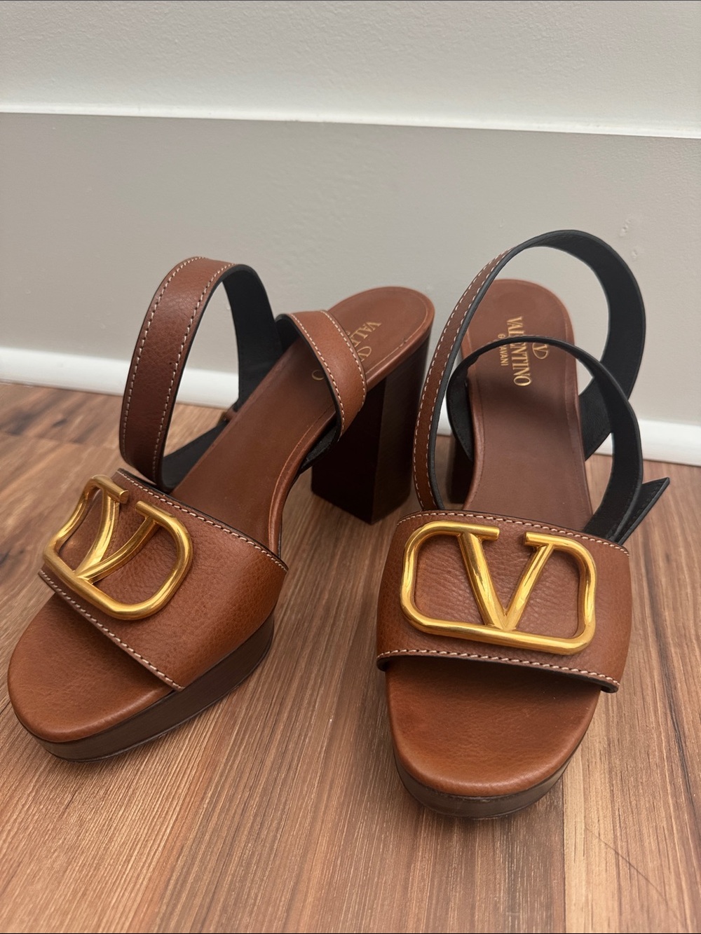 Valentino Brown Leather VLogo Block Heel Sandals with Gold Emblem